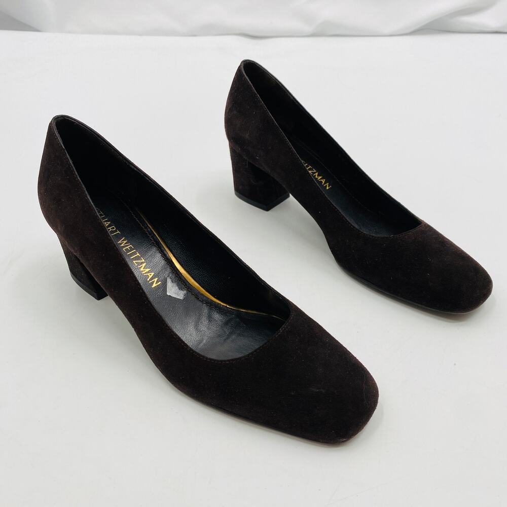 Stuart Weitzman 7 Brown Square Toe Block Heels - image 2